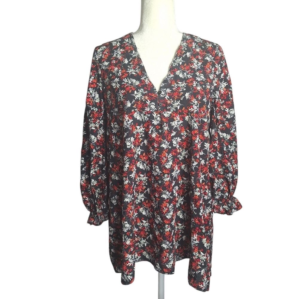 Zara Floral Tunic Top Black Red 3/4 Sleeve Neck Small Womens